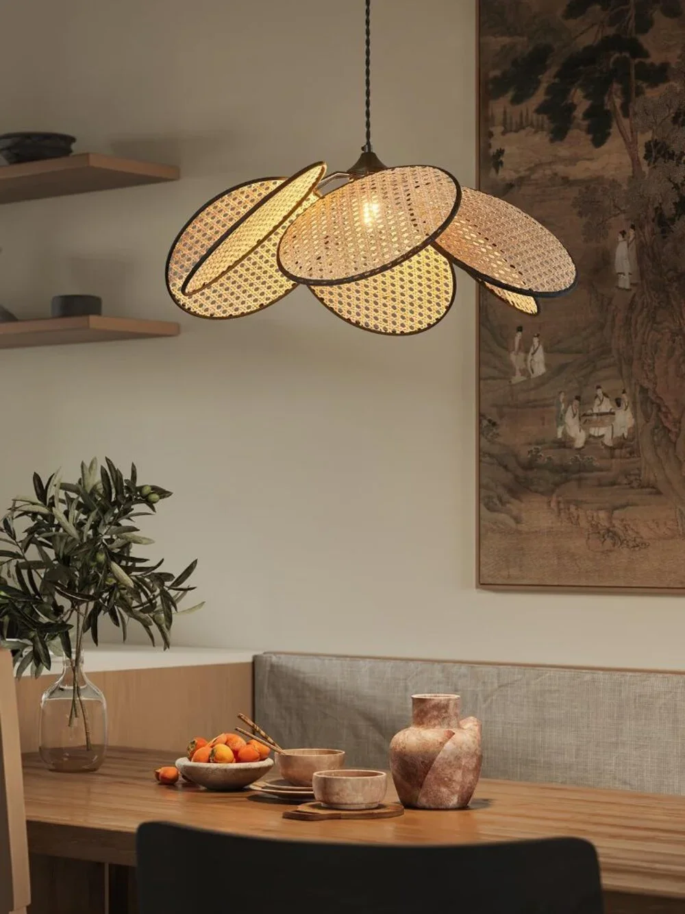 ADCTHOME 376-1 Boho Hemp Rope Rattan Pendant Light for Kitchen Bedroom